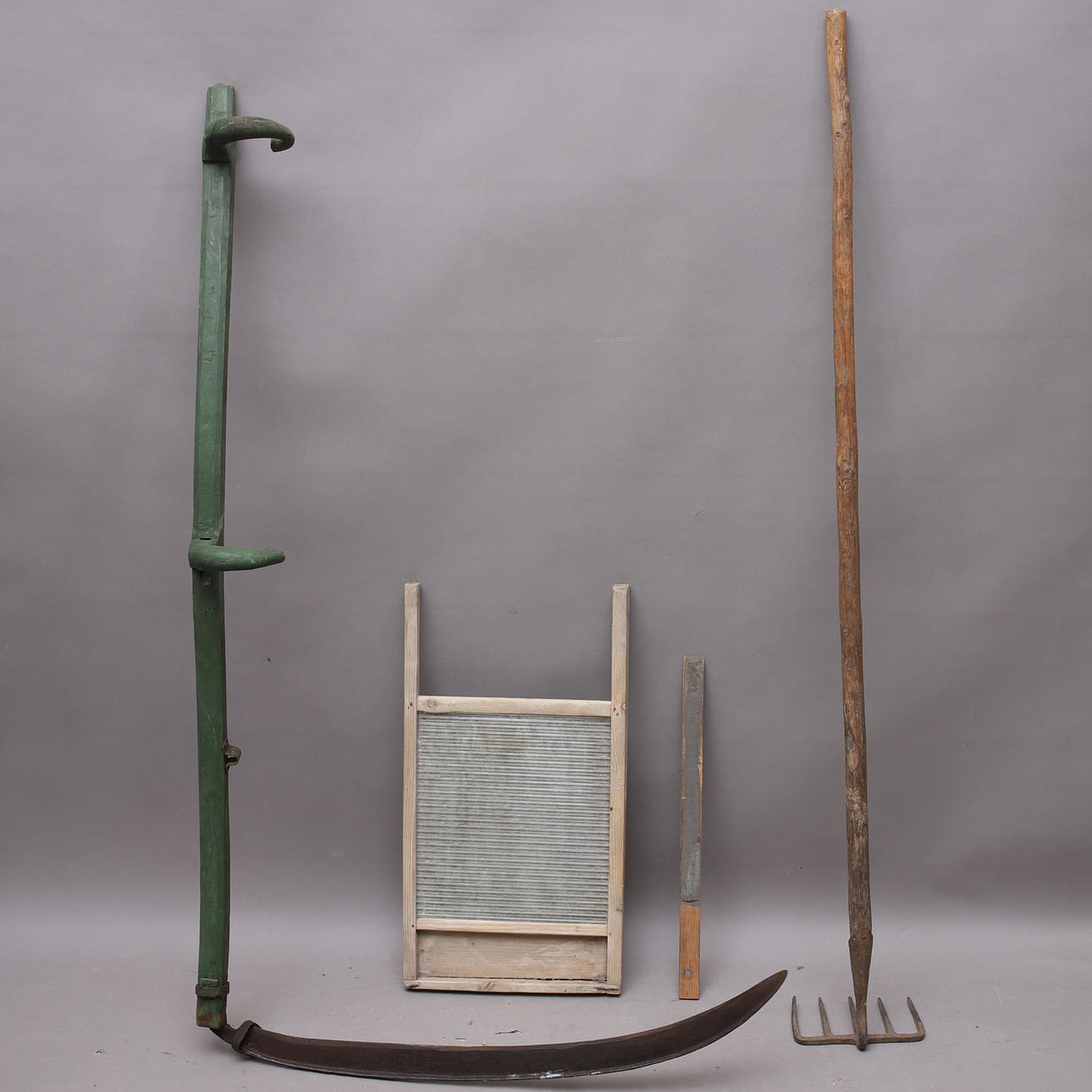 COMMON TOOLS, 3 pcs, rake, scythe, & washboard.
