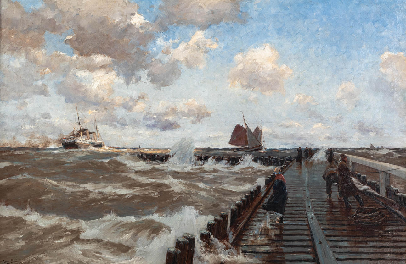 ERWIN GÜNTHER (1864-1927). Stürmischer Tag an der Mole.