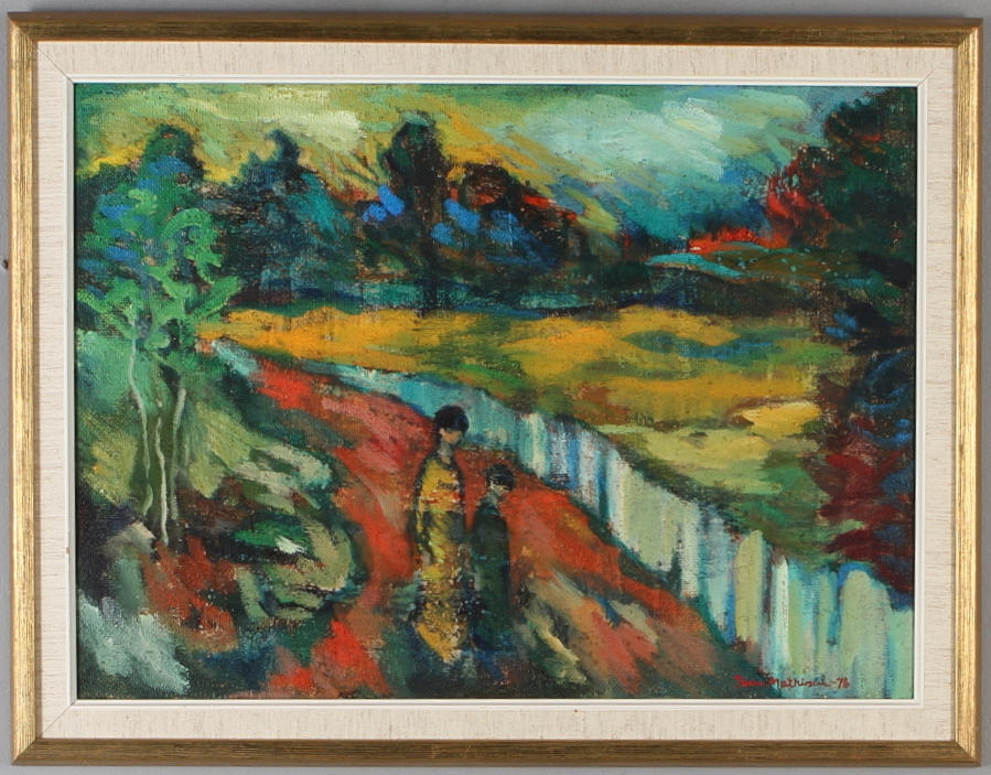 JENS MATHIESEN. landskap med figurer, olja på duk, signerad samt daterad -76.