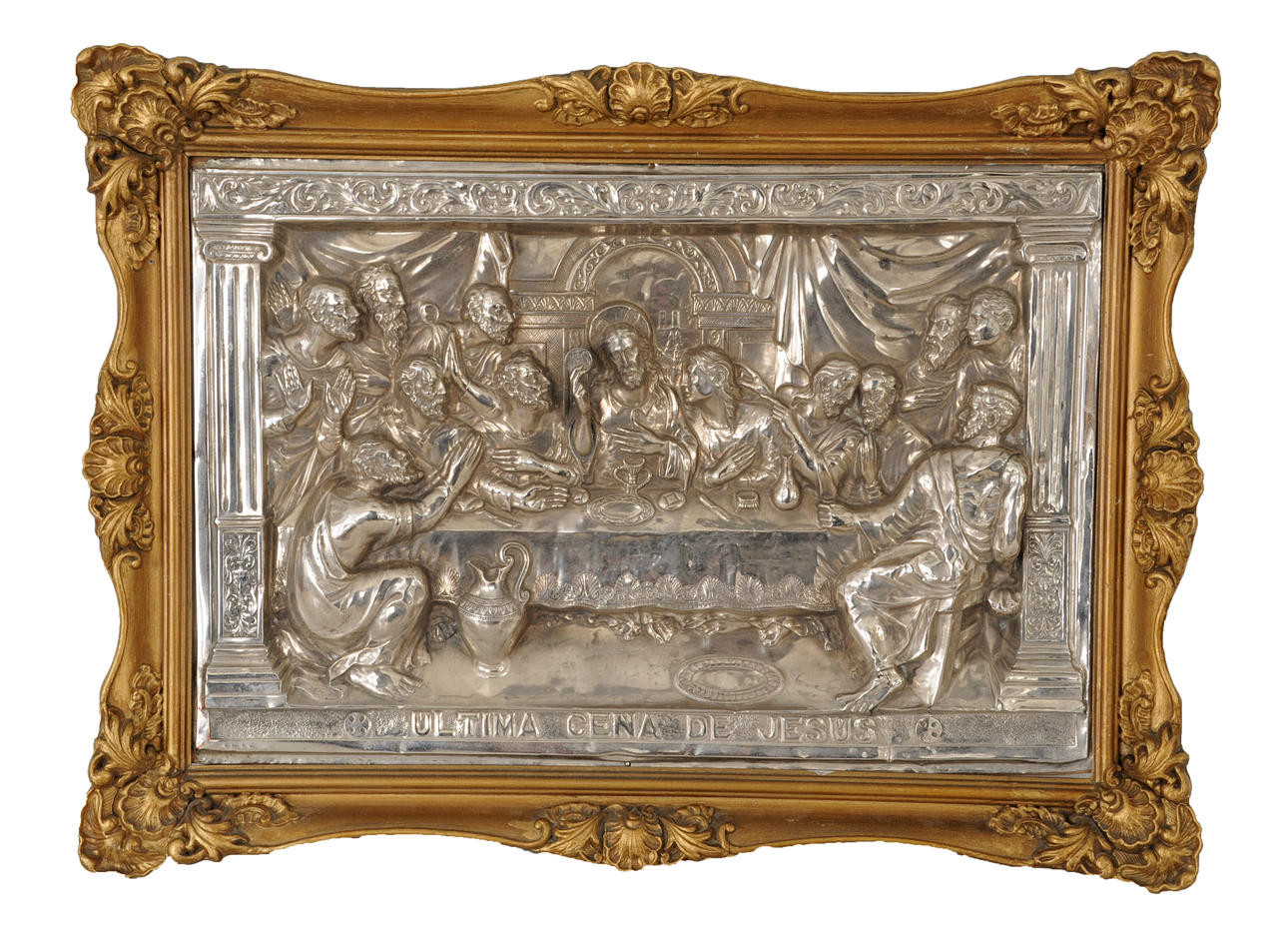 RELIEFTAVLA."Ultima Cena De Jesus". Relief i försilvrad metall. 1800-tal.