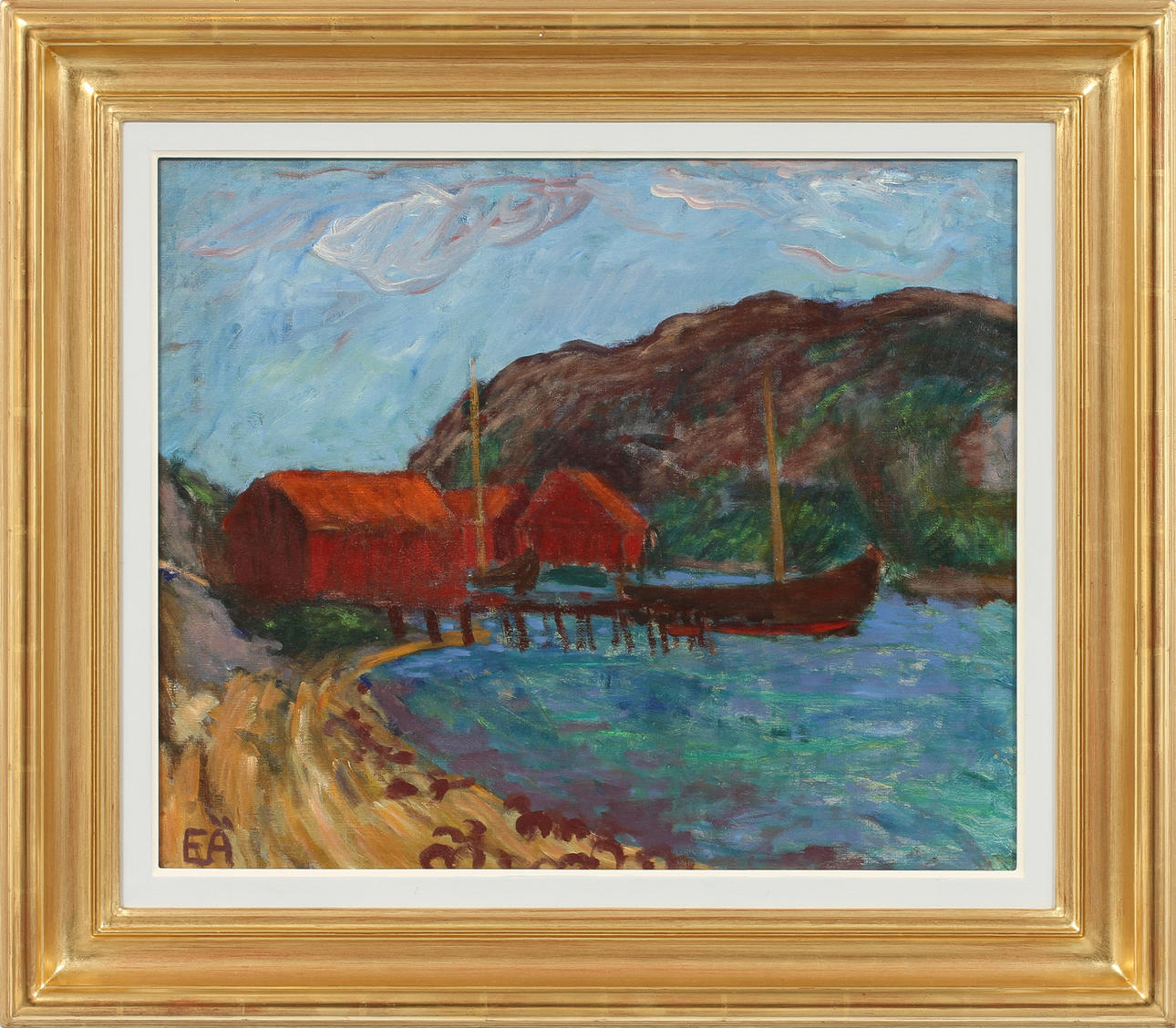 ERLING ÄRLINGSSON (1904-1982). "Sjöbodar och båt". Olja på duk.