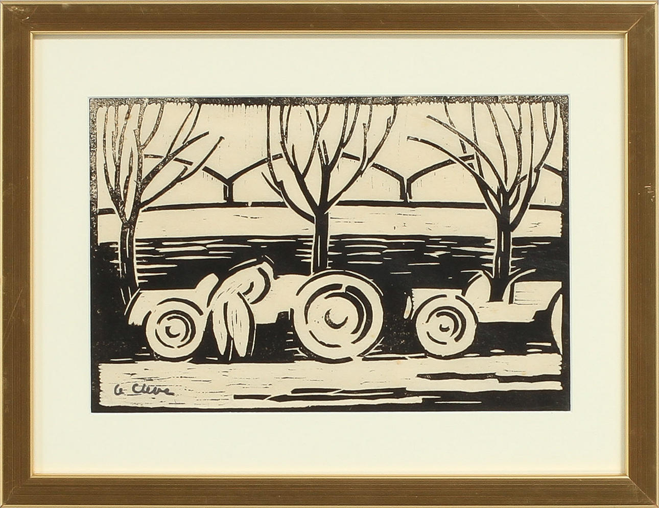 AGNES CLEVE. "Automobiler II" 1920-tal. Linoleumsnitt, signerat.