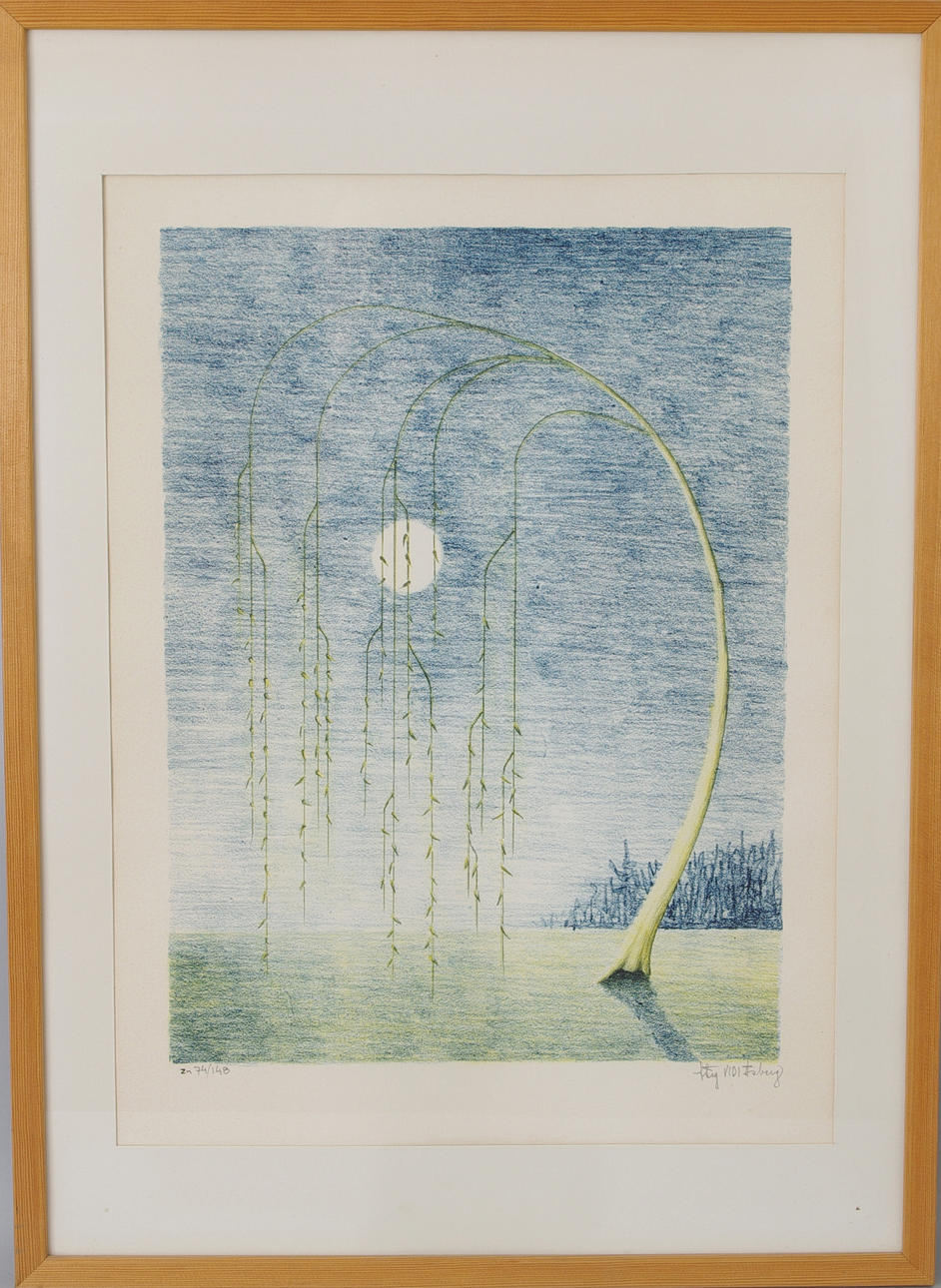 STIG VIDI ÅSBERG. Träd i månsken, färglitografi, signerad.
