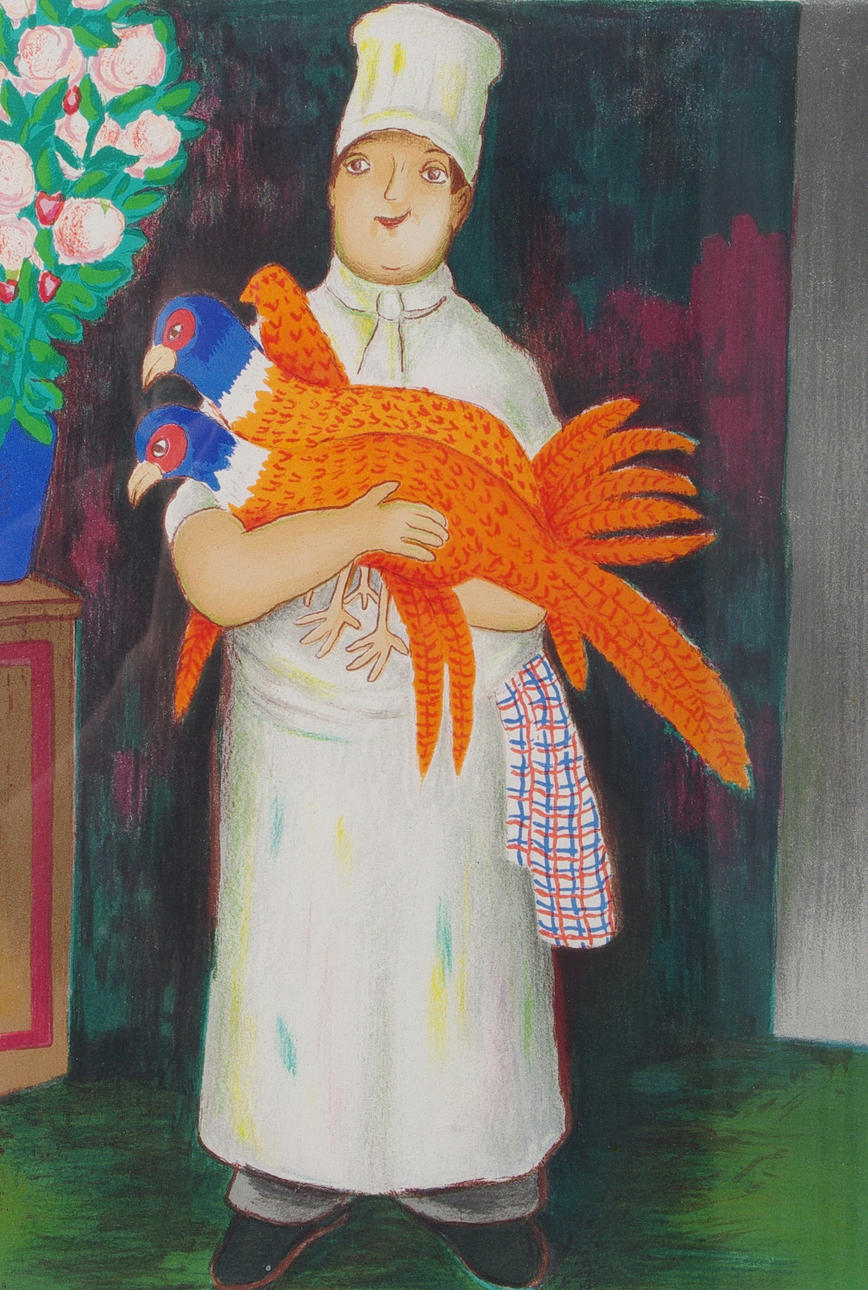 LENNART JIRLOW. Kock med fasaner, färglitografi, signerad L. Jirlow.