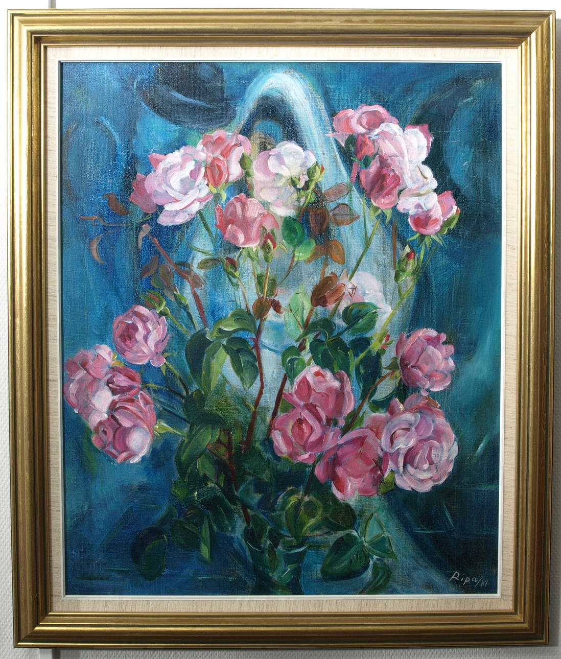 HANS RIPA. Olja på duk, "Rosor mot blå bakgrund", signerad Ripa/81.