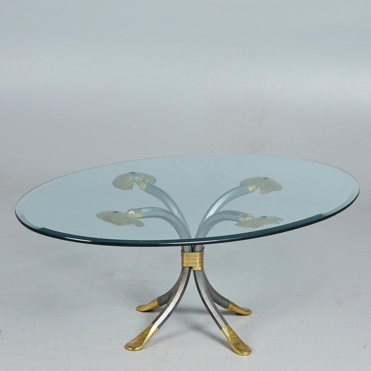 Table / coffee table, brass, steel, glass, 1980s.