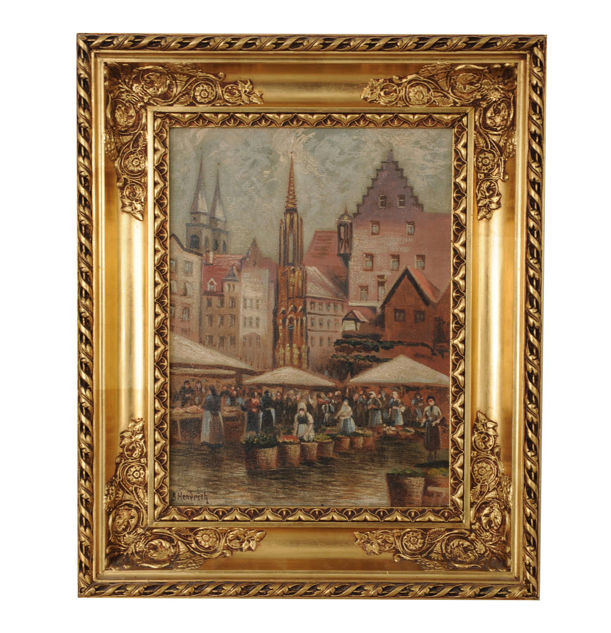 OKÄND KONSTNÄR. Torgmarknad. Olja på duk, signerad B Hendrich.