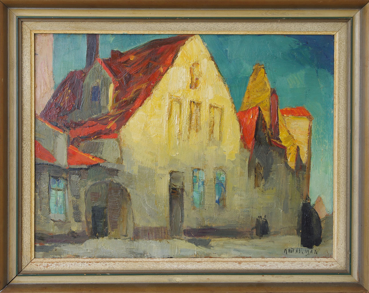 KNUT NORMAN. Stadsbild med hus, olja på pannå, signerad.