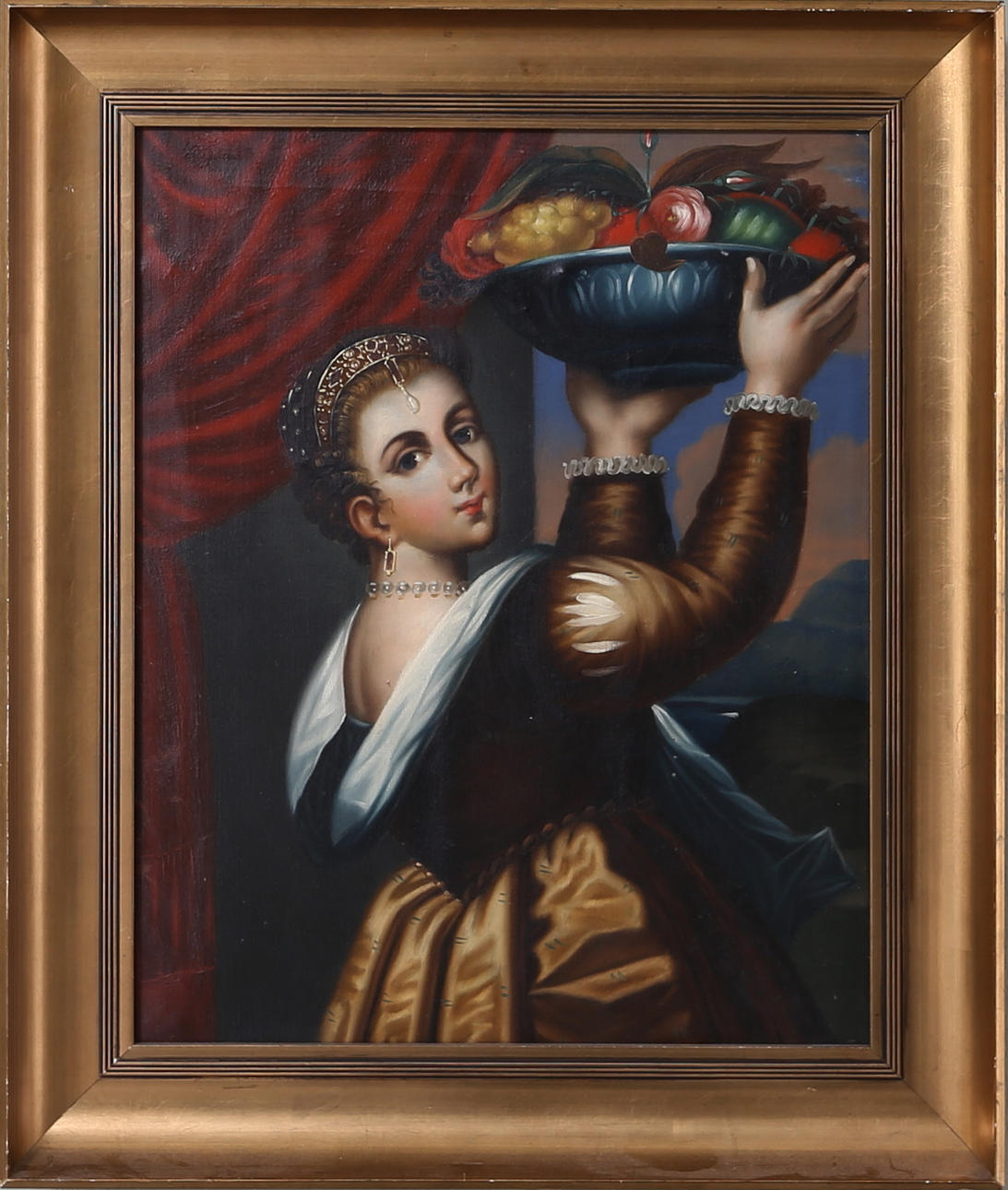 OKÄND KONSTNÄR. Kvinna med fruktfat, olja på duk, sent 1800-tal.