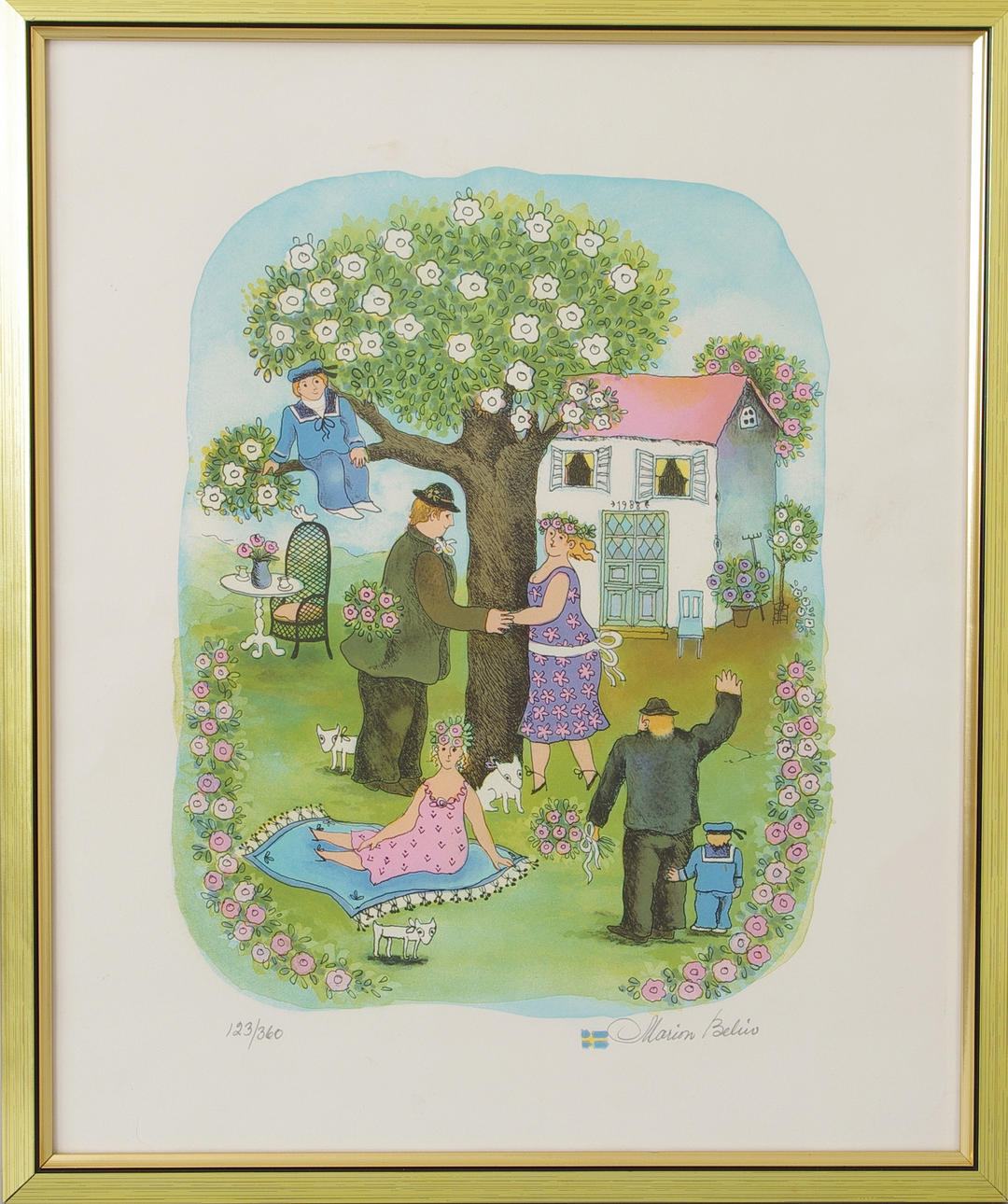 MARION BELIN. I trädgården, färglitografi, signerad.