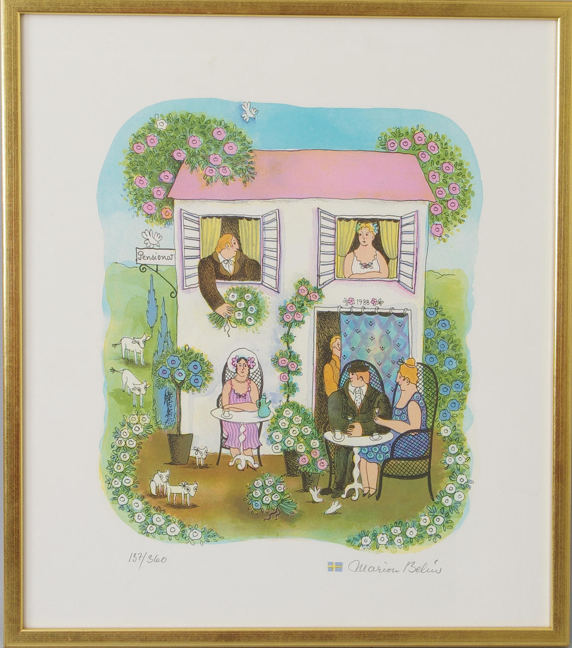 MARION BELIN. Pensionat, färglitografi, signerad.