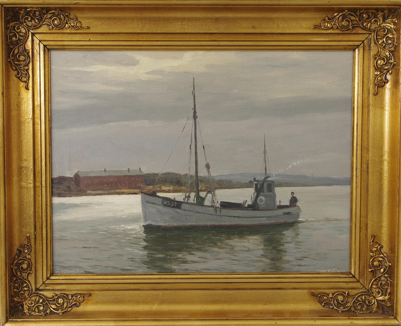 MARIUS NIELSEN. Dansk motorfiskebåt, olja på duk, signerad M Nielsen.