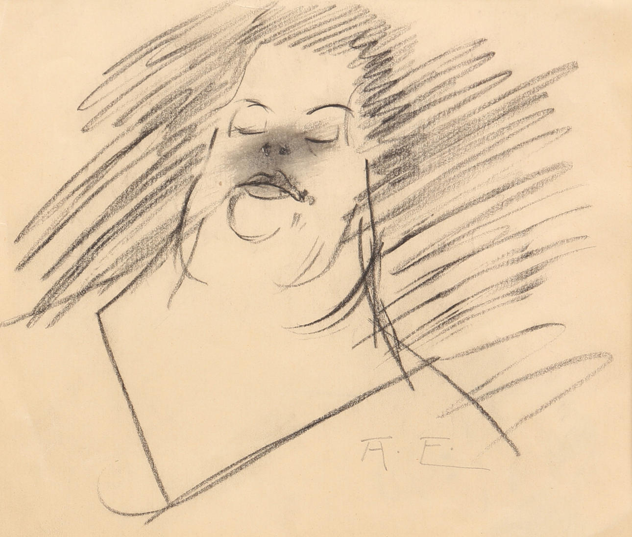 ALBERT ENGSTRÖM. Kvinnoporträtt. Kolpenna, monogramsignerad.