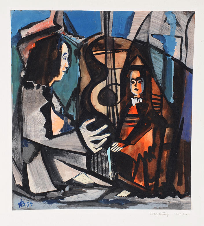 BREILMANN, HEINO. ”Instruktion”. Gouache och pastell/papper uppklistrat på kartong. 38,5 x 35 cm. L. u. monogr. och dat.: HB (19) 53. precis nedanför på rutan markerad: Instruktion 400/40. ram.