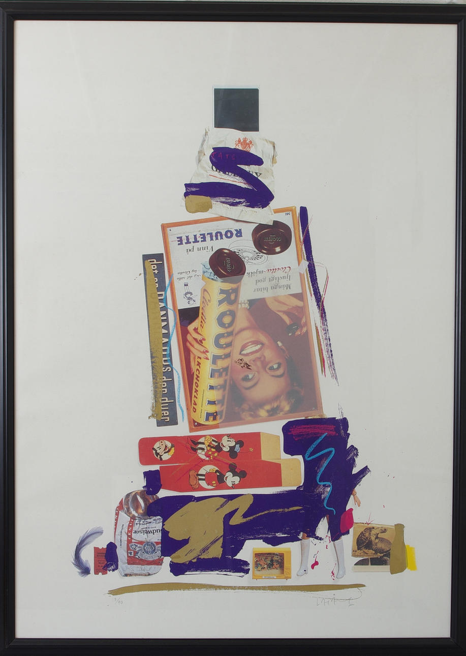 LASSE ÅBERG. Collage med Musse Pigg, färglitografi, signerad.