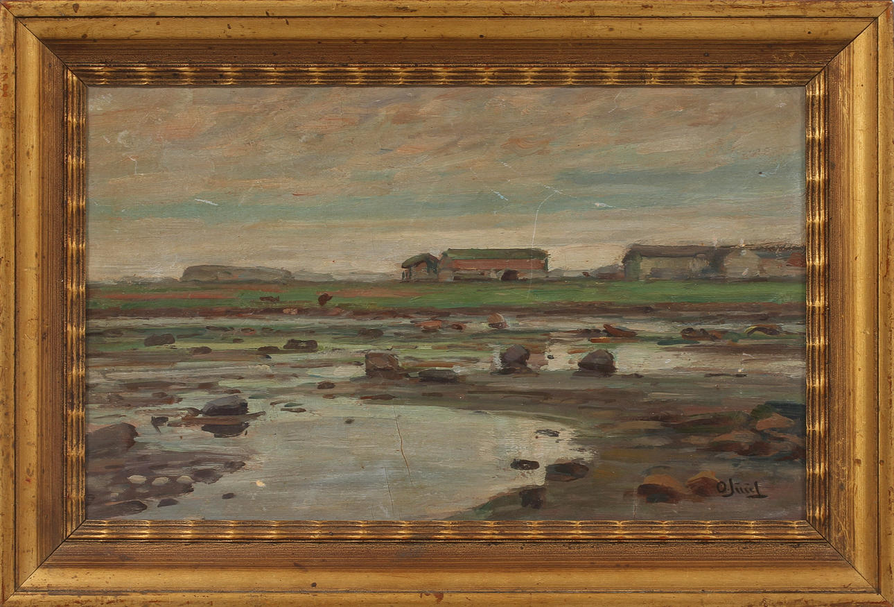 OLE JUUL. Landskap med hus, olja på pannå, monogramsignerad.