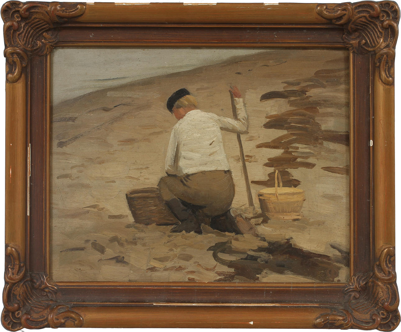 OLE JUUL. Figur vid strand, olja på pannå, monogramsignerad.