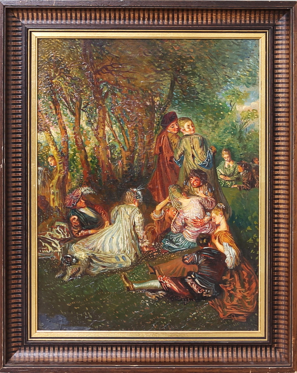 OKÄND KONSTNÄR. Utflykt i det gröna, olja på duk, troligen Tyskland 18/1900-tal.