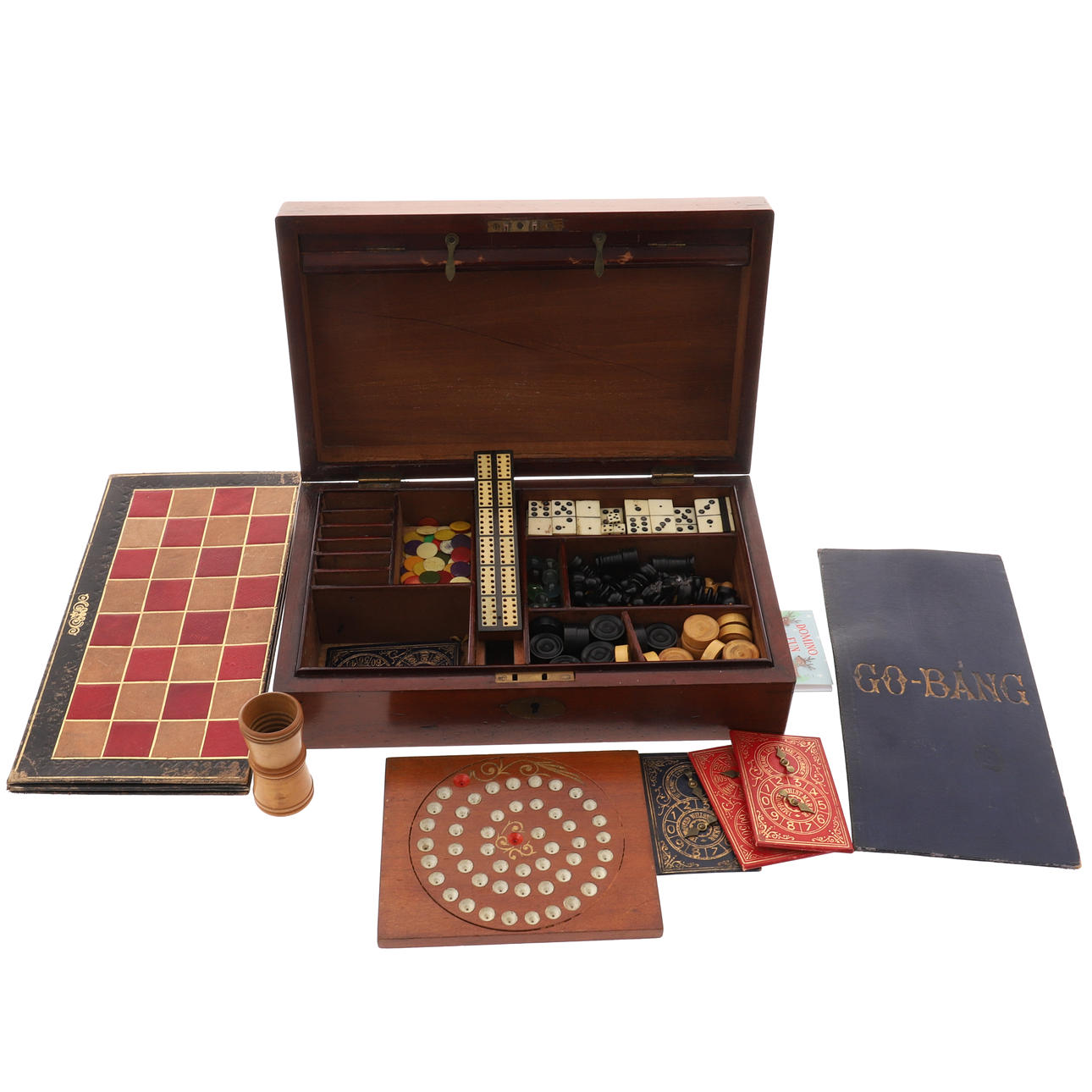 A LATE VICTORIAN MAHOGANY GAMES COMPENDIUM.