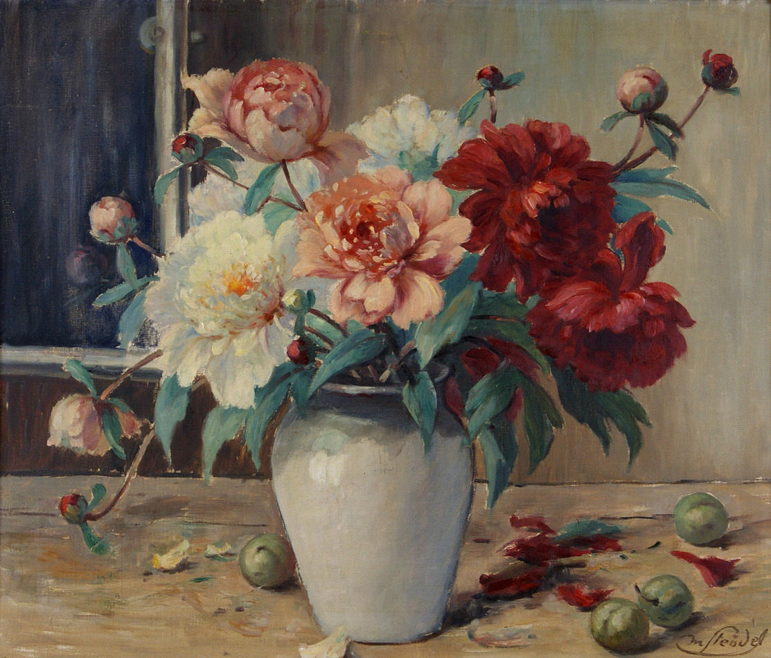 STEUDEL, MAX. ”Pioner”. olja/duk. 60 x 69,5 cm R. u. tecken.: M. Steudel. A tergo på skärmen satsning. och Sig.: Pioner/M Steudel. ram.