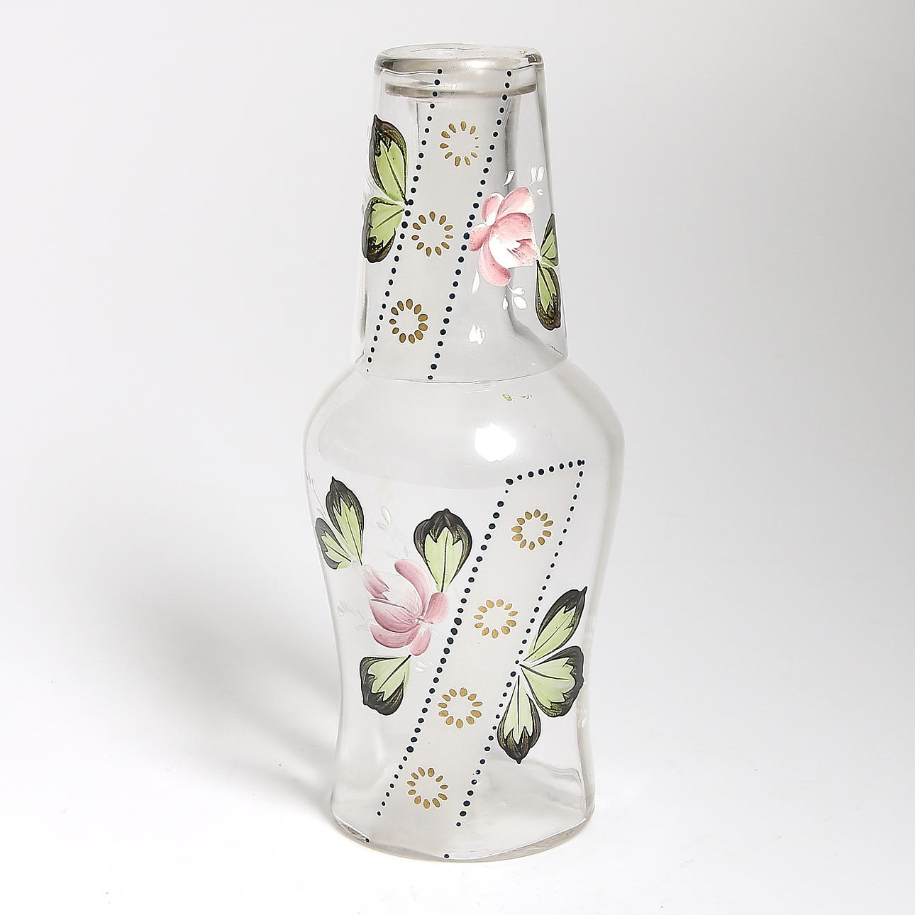 VATTENKARAFF med GLAS, glas med emaljdekor, jugend, 18/1900-tal.