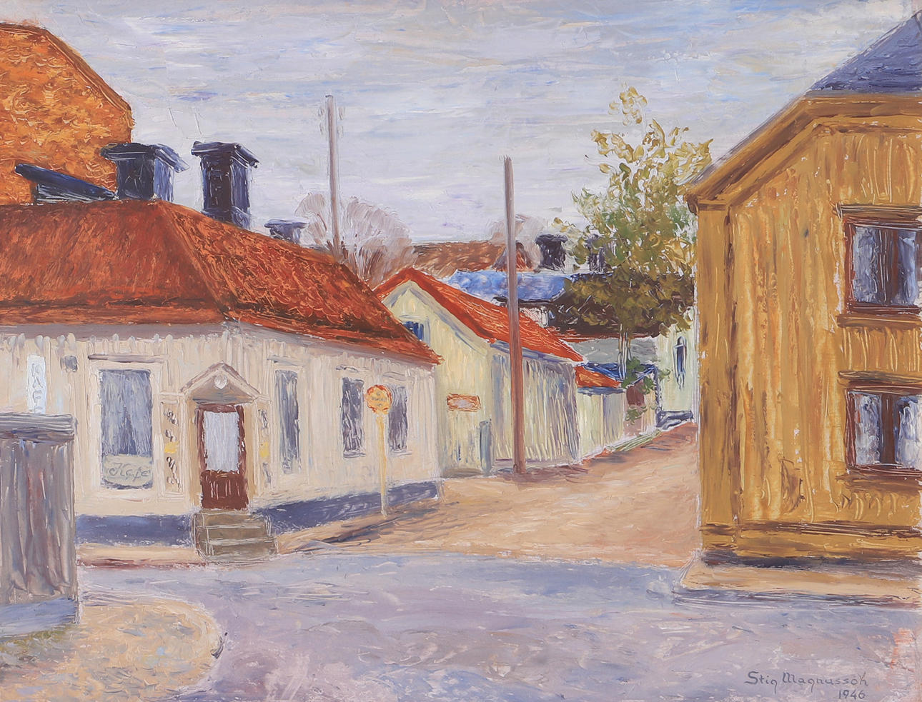 STIG MAGNUSSON. Motif from Växjö, oil on Board, signed 1946.