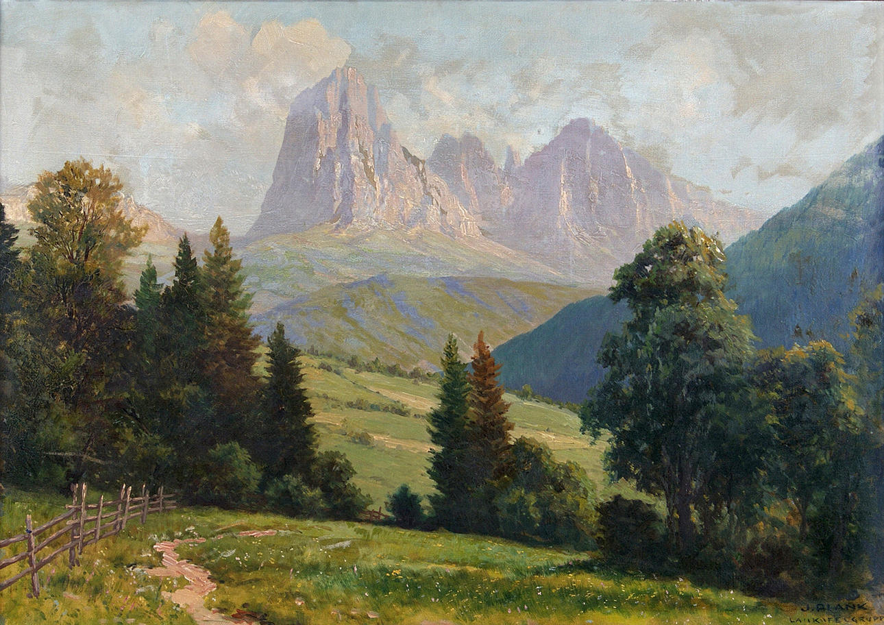 PLANK, JOSEF. Högt bergslandskap. olja/duk. 70cm x 100 cm R. u. skylt. och Ortbez.: J. plank/Sassolungo Group. ram.