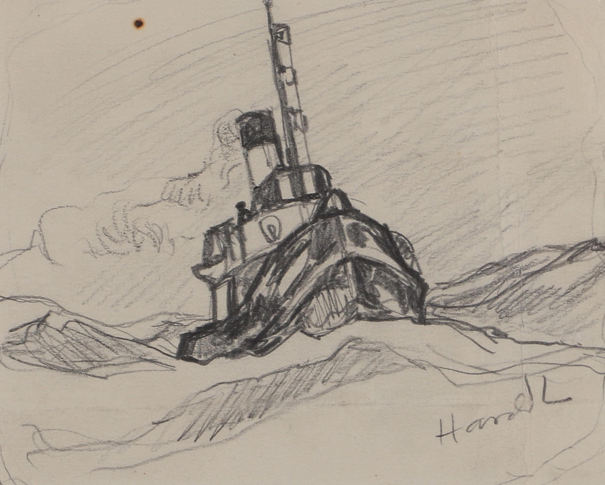 HARALD LINDBERG. Tugboat, drawing, signed Harald L.
