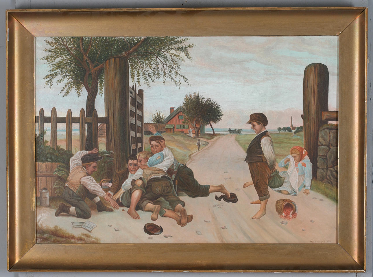 OIDENTIFIERAD KONSTNÄR. "Grindslanten", olja på duk, kopia efter August Malmström, signerad Salomonzon 1923.