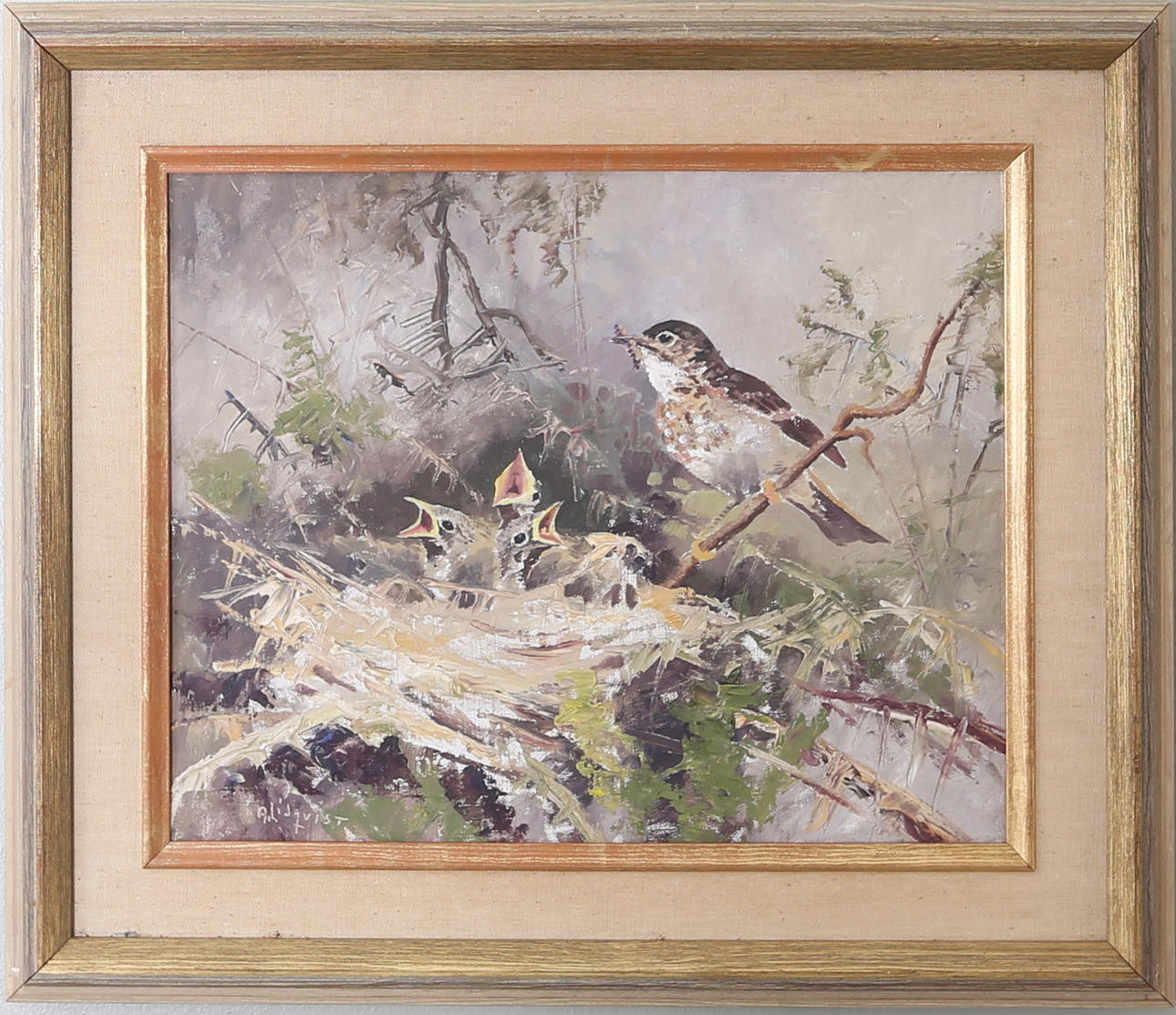 ARNE LIDQVIST. Sångtrast med ungar, olja på duk, signerad A Lidqvist.