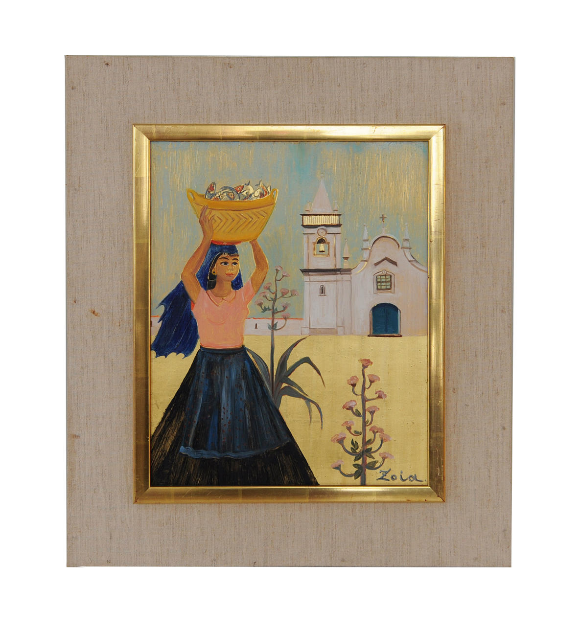 KRUKOWSKAJA, ZOIA. Kvinna med fiskkorg. Olja med guldfond på pannå, signerad.