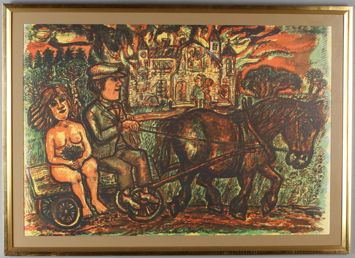 OLLE NORDBERG. Hästtransport, färglitografi, signerad och numrerad 29/40.