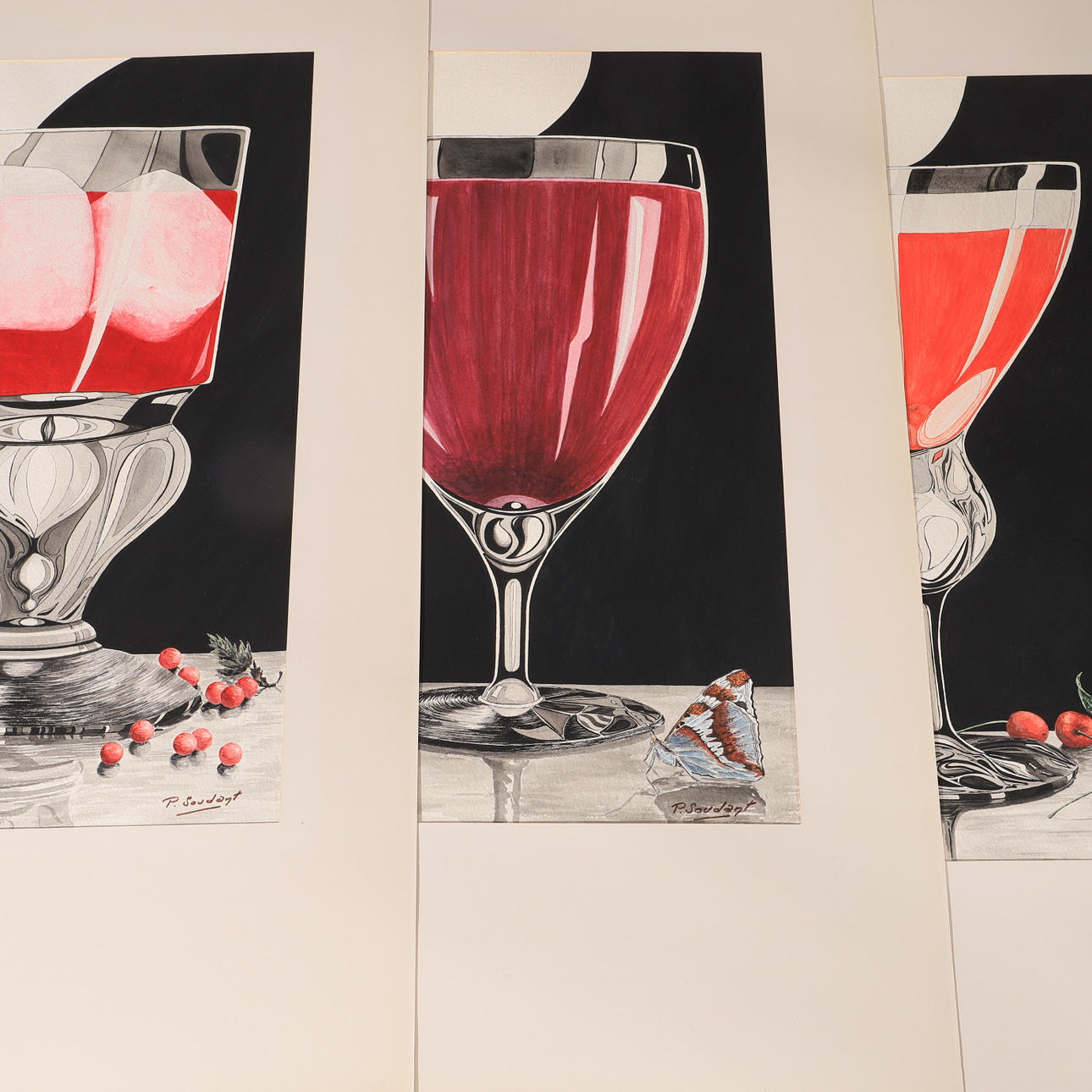 OIDENTIFIERAD KONSTNÄR. Drinks, 4 watercolours, signed P. Soudant.