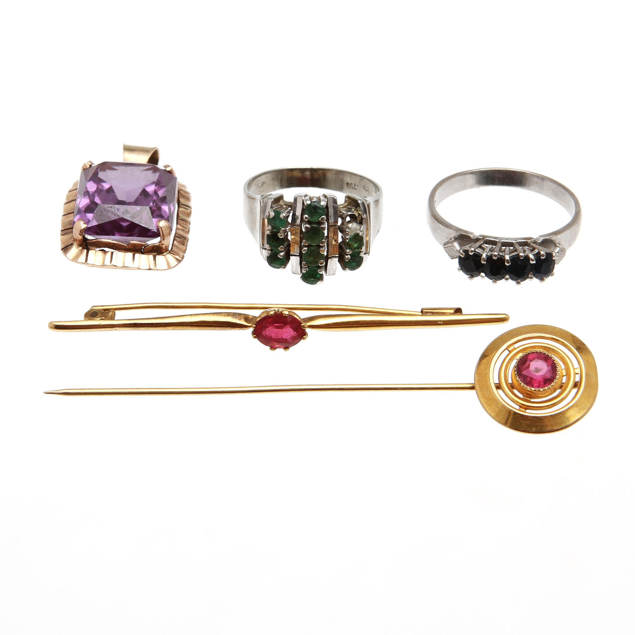 BROSCH, KRAVATTNÅL, HÄNGE samt RINGAR 2 st, guld 18k samt 14k.