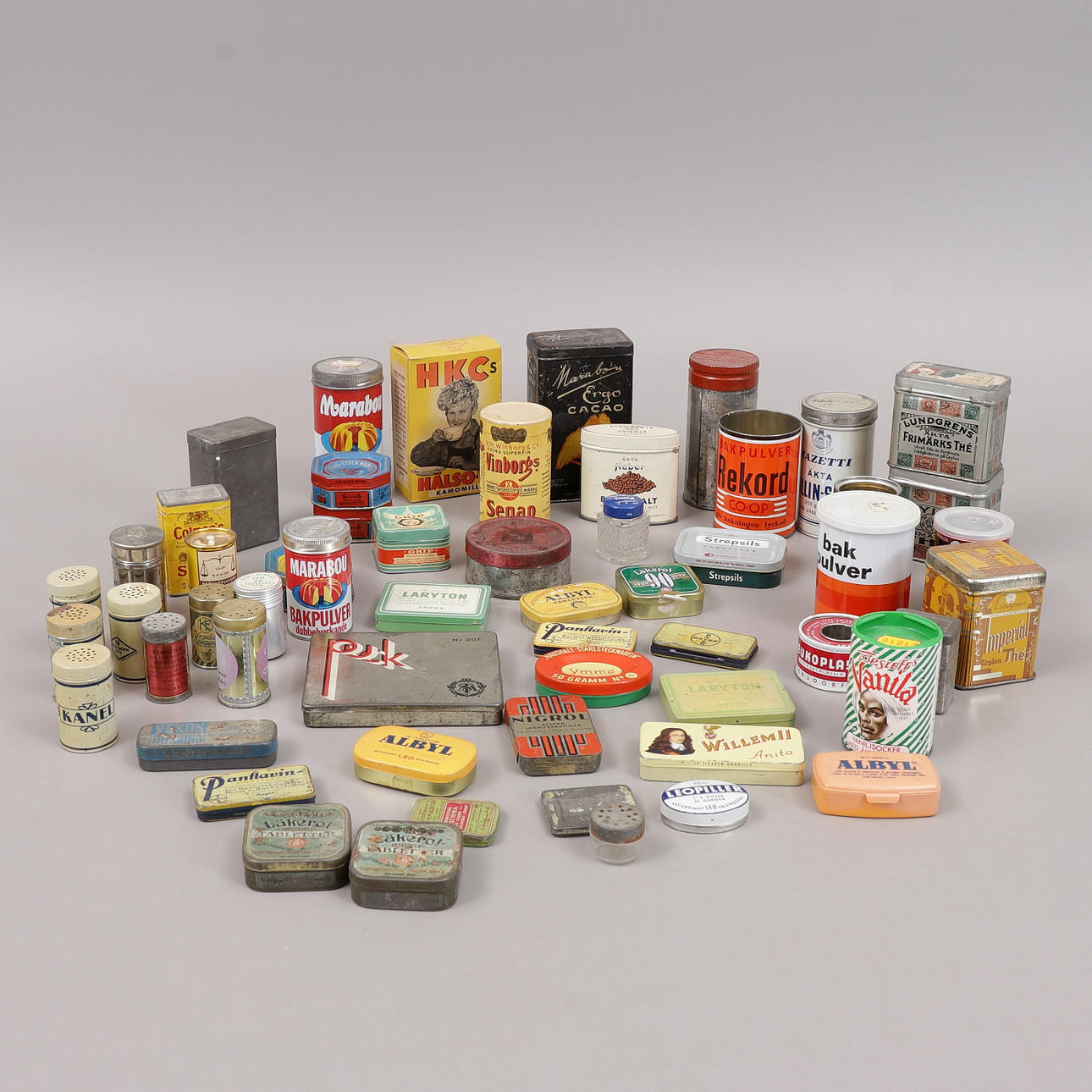 SPICE JARS, A Collection, tin, plastic, paper.