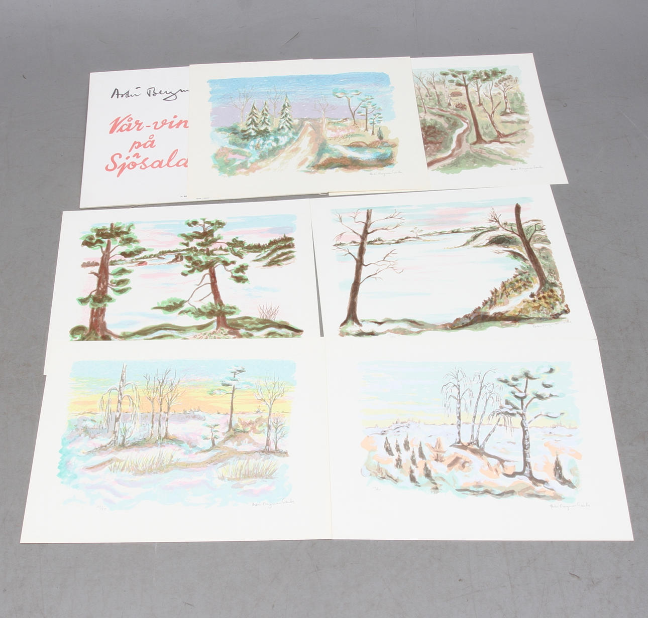 ASTRI BERGMAN TAUBE. Grafikmapp, "Vår-vinter på Sjösala", 6 st färglitografier, signerade och numrerade 103/210.