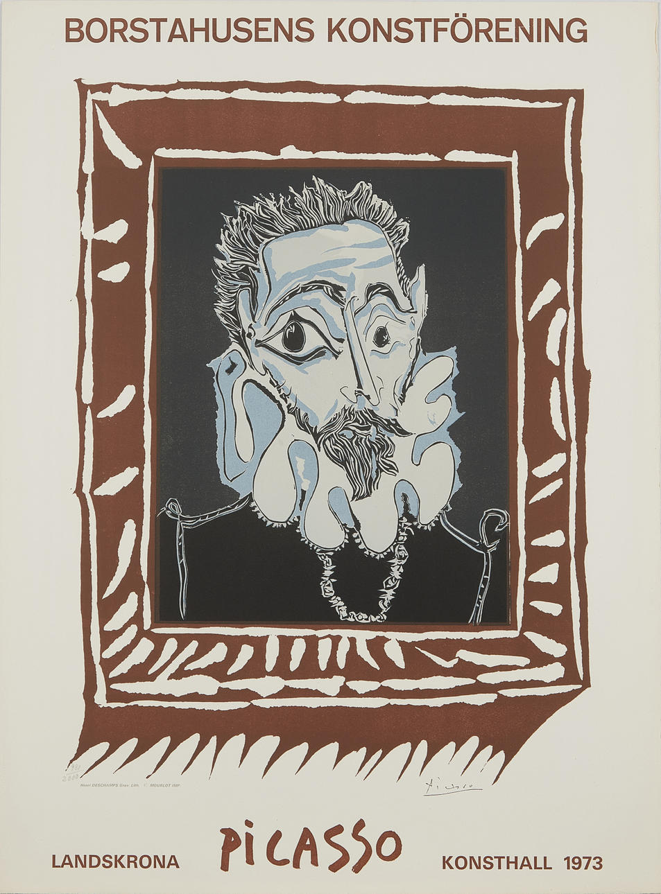 PABLO PICASSO. Efter. PABLO PICASSO. Efter. Man med krage ("Man with Ruff"), signerad Picasso i trycket, Grav. Lith. MOURLOT IMP, färglitografi,1973, numrerad 981/2000, tryckt på Archespapper.