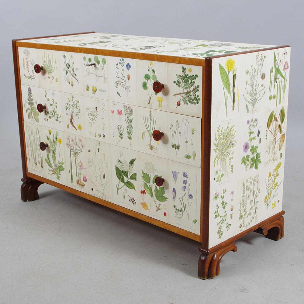BYRÅ, mahogny/björk klätt med "Nordens Flora" C. A. M. Lidman.