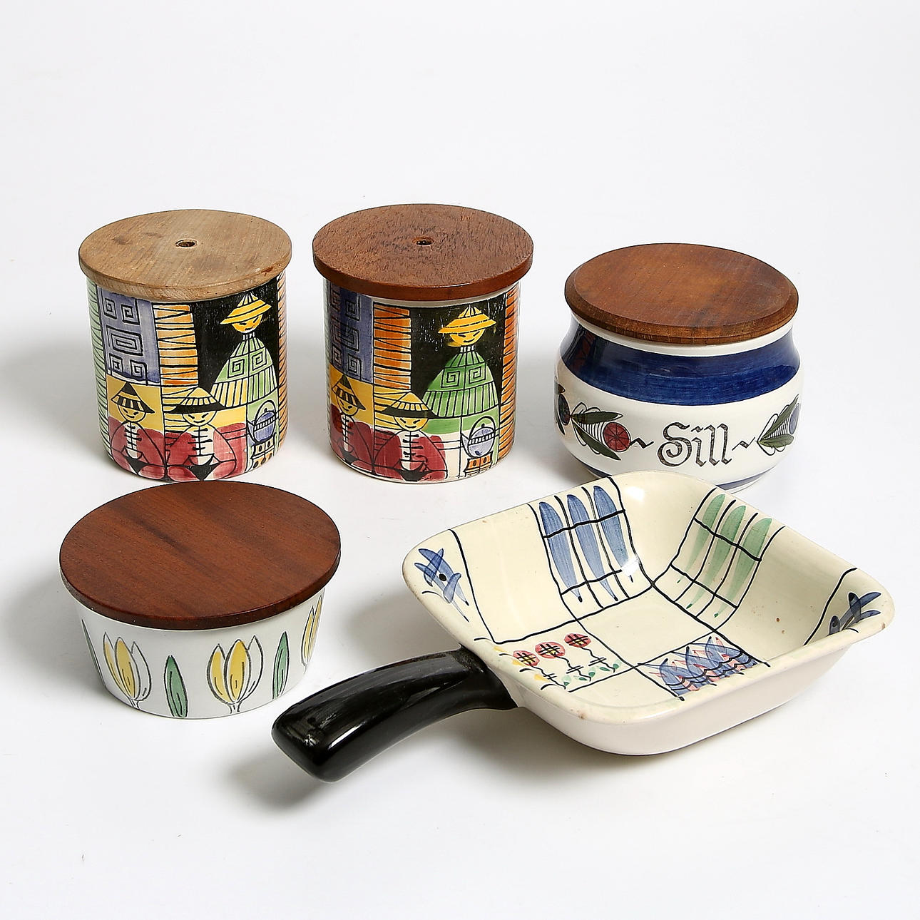 BURKAR samt KAROTT, 5 delar, flintgods, bl.a. Theo Thungs Thehus, "Vår lilla stad", Anita Nylund. Jie, 1950/60-tal.