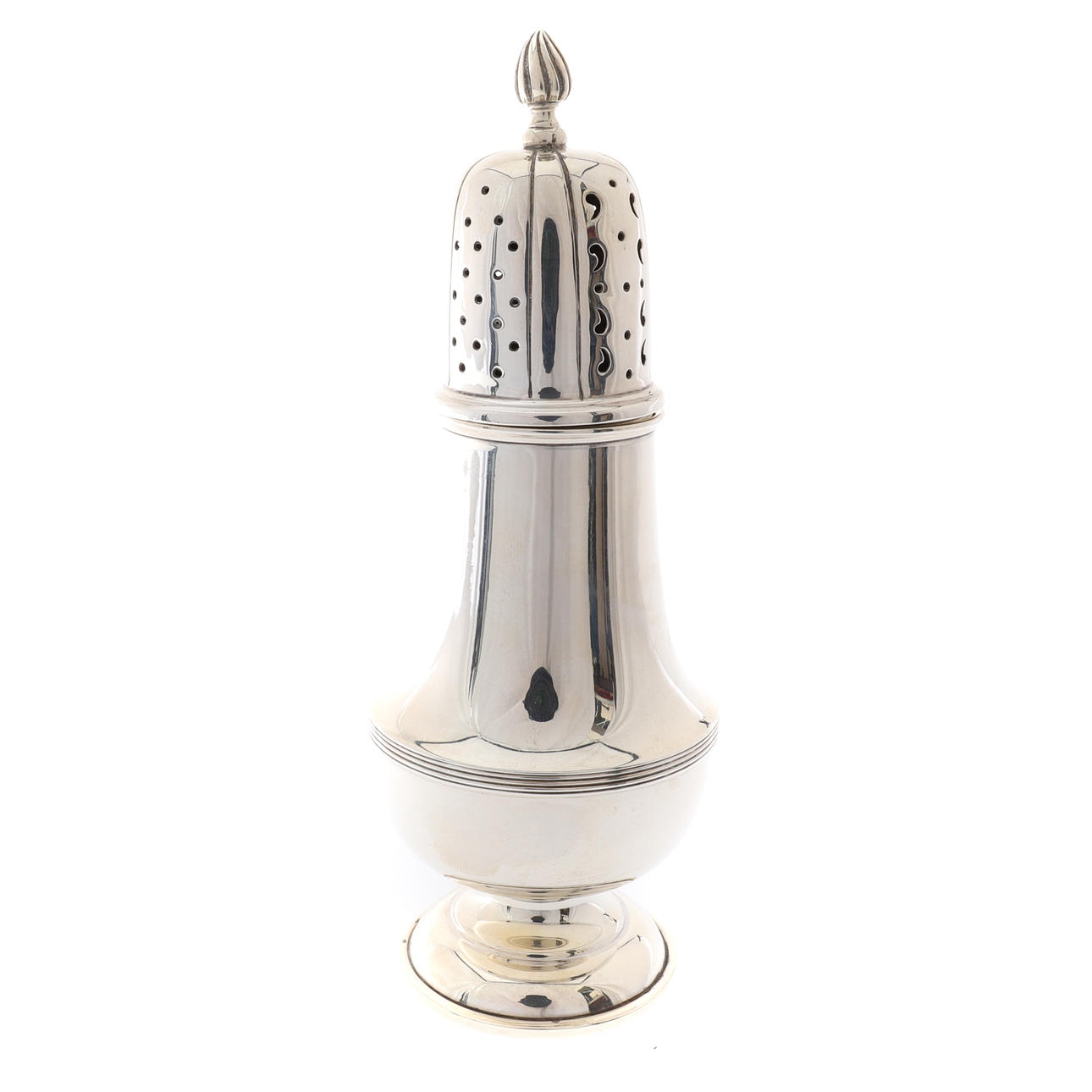 A MID 18TH CENTURY STYLE SILVER VASE SHAPE CASTOR.