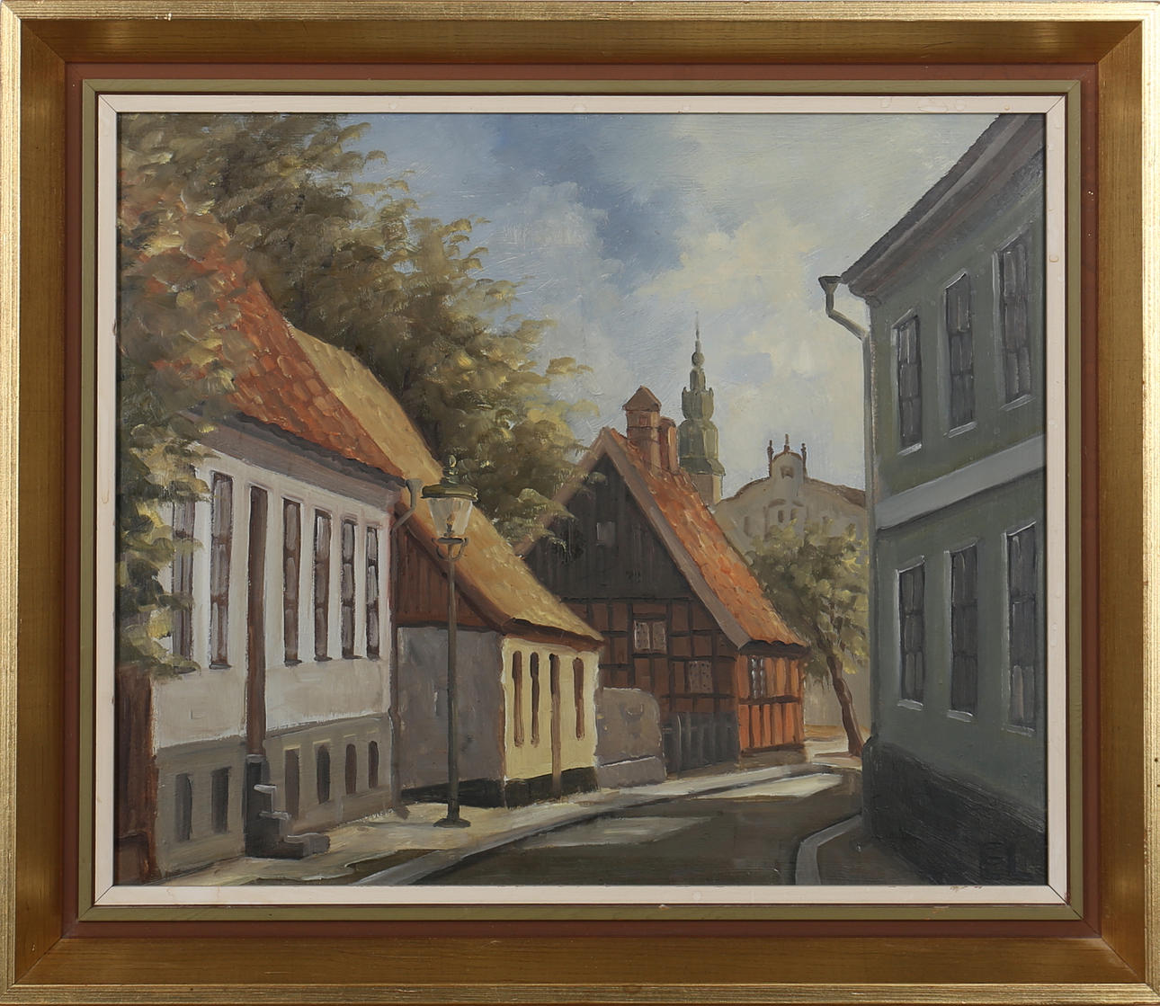 KARL-ERIK LUNDBERG. Gatumiljö från Lund. Olja på Pannå. Signerad E.L.