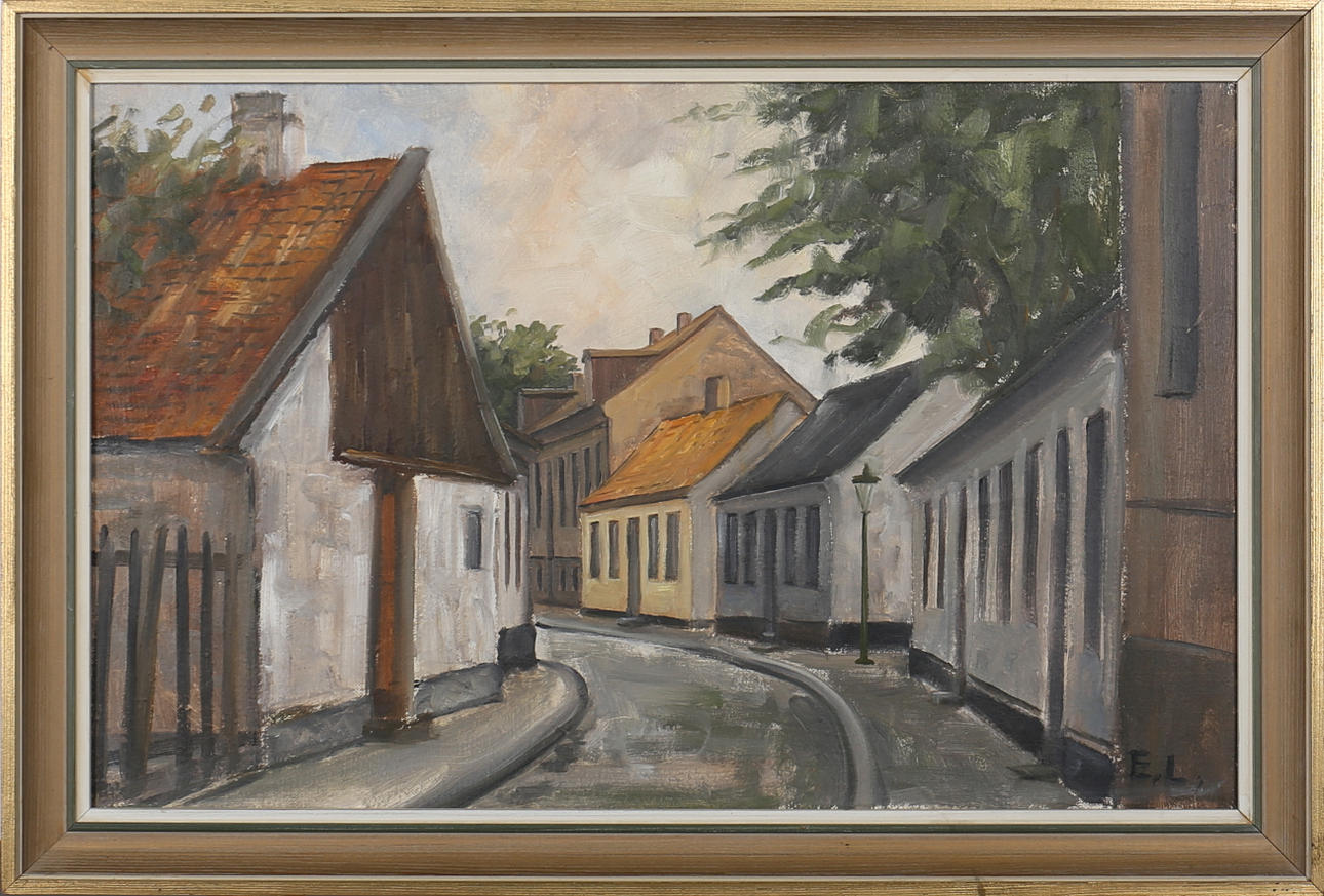 KARL-ERIK LUNDBERG. Gatumiljö från Lund. Olja på duk. Signerad EL.