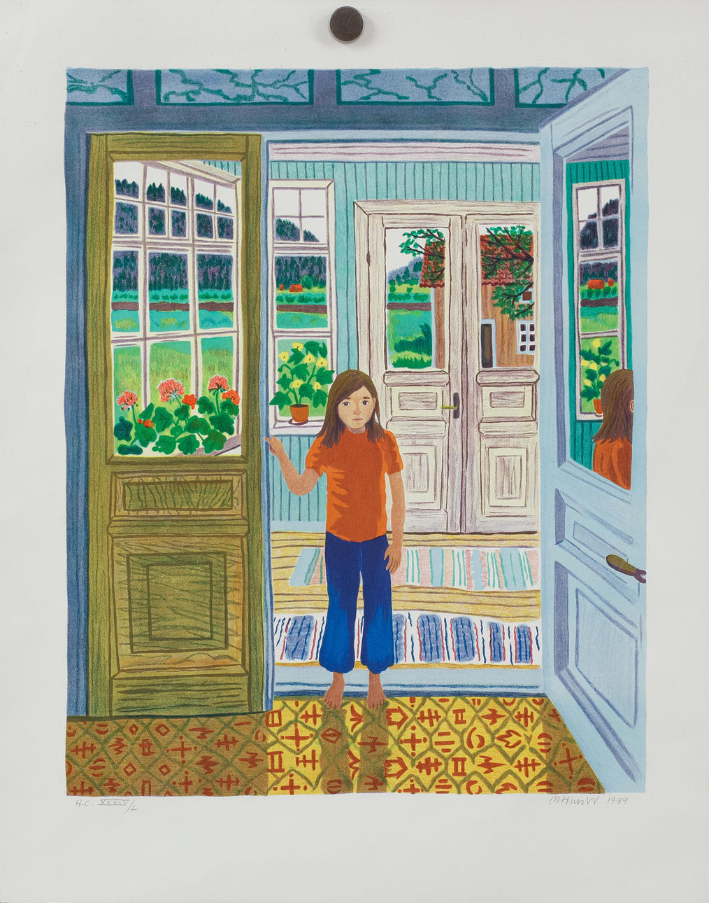 MONA HUSS WALIN. Girl at doorway, color lithograph, signed and numbered HC XXXIV/L.
