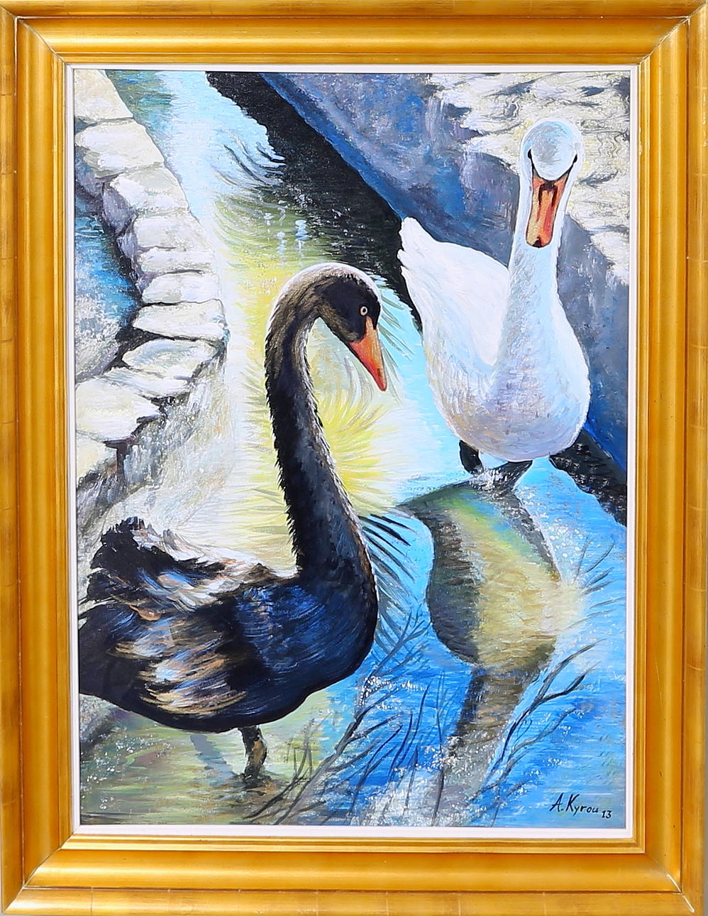 AMALIA KYROU. Svanar på promenad, olja på duk, signerad o daterad A Kyrou -13.