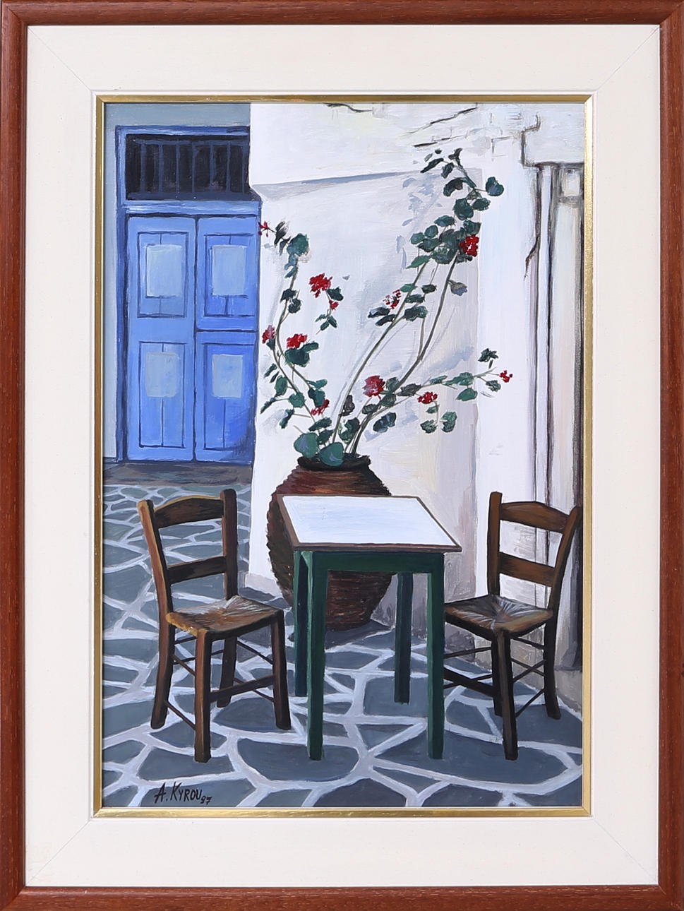 AMALIA KYROU. Gårdsinteriör, olja på pannå, signerad o daterad A Kyrou -97.