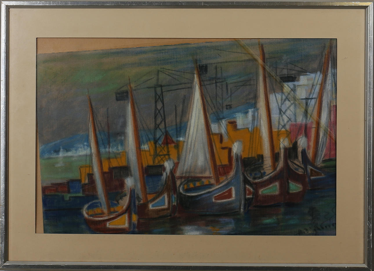 OIDENTIFIERAD KONSTNÄR. Segelbåtar i hamn. Pastell på papper. Signerad R Eichborn.