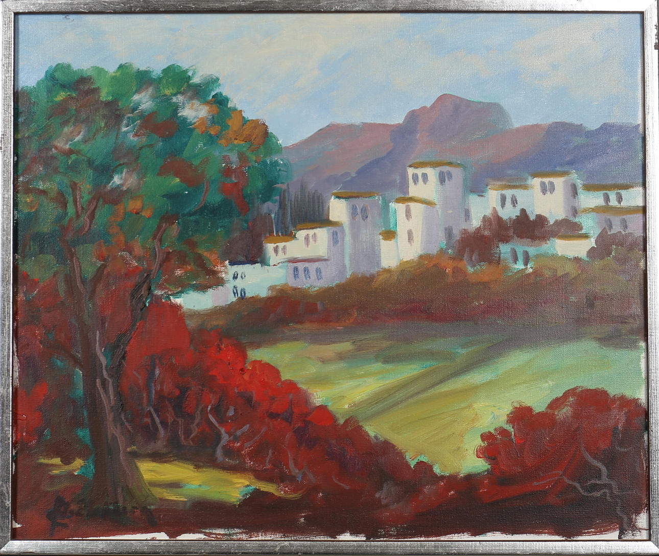 OIDENTIFIERAD KONSTNÄR. By mot bergig fond. Olja på duk. Signerad R Eichborn.