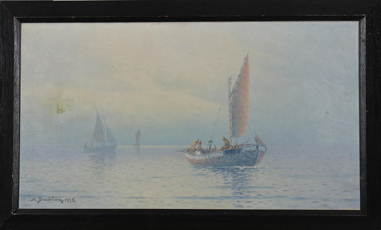 J. OSSIAN ANDERSSON / THERESIA SANDSTRÖM. Olja på duk. Fiskeflotta till havs. Signerad Th Sandström. Daterad 1928.
