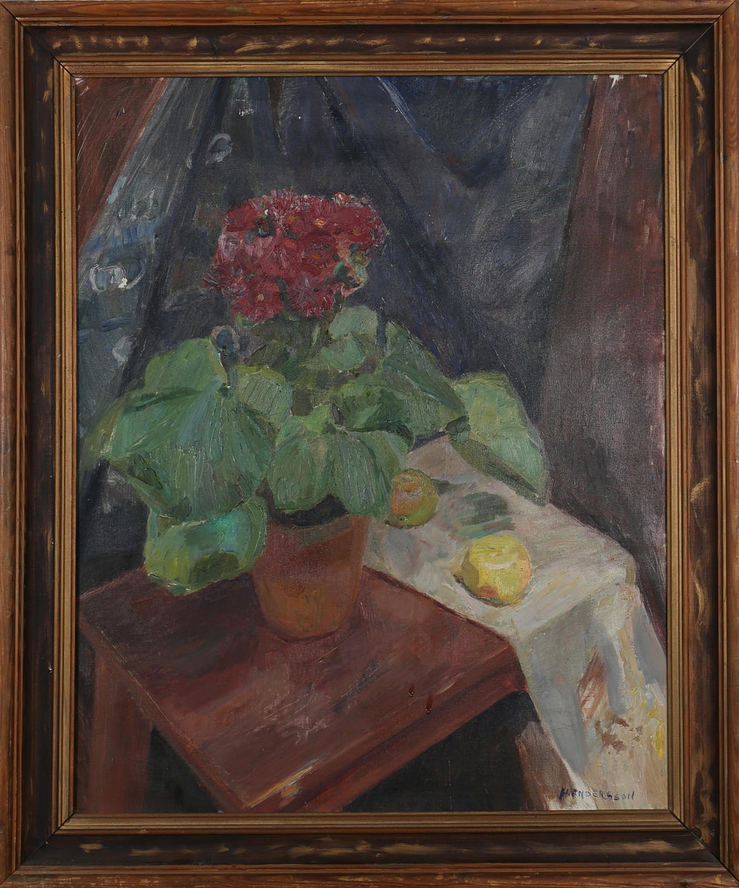 HELGE ANDERSSON. Olja på duk. Stilleben med blommor och äpplen. Signerad H Andersson.