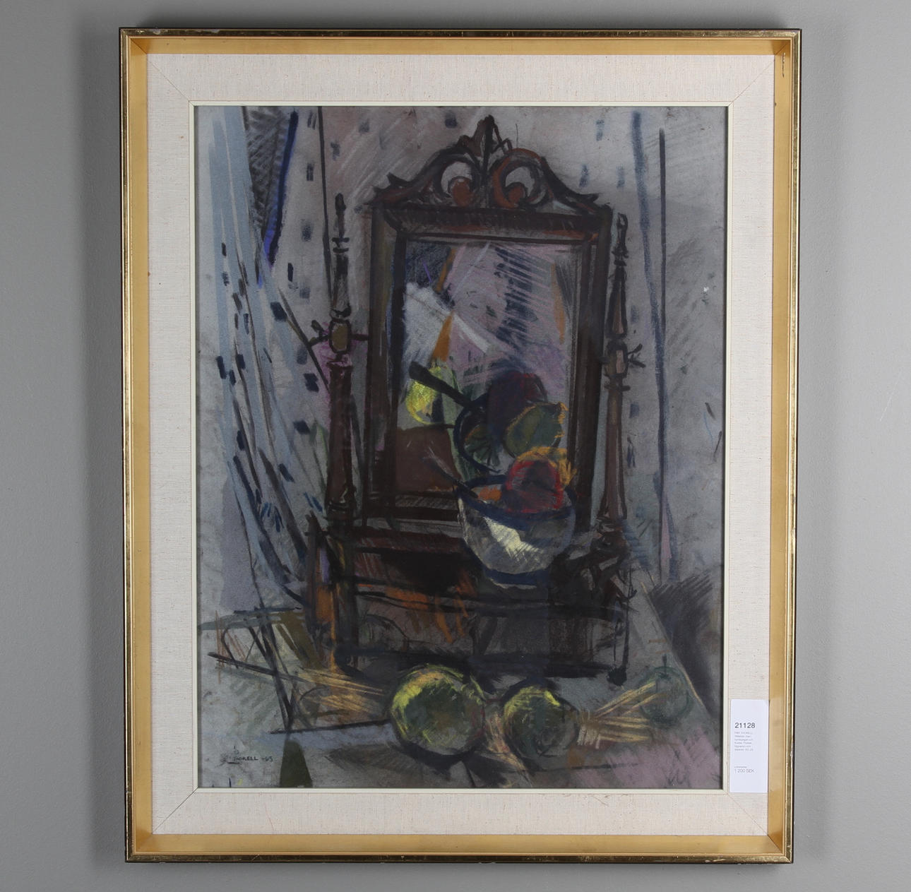 PÄR THORELL. Stilleben med byråspegel och frukter. Pastell. Signerad och daterad -63.